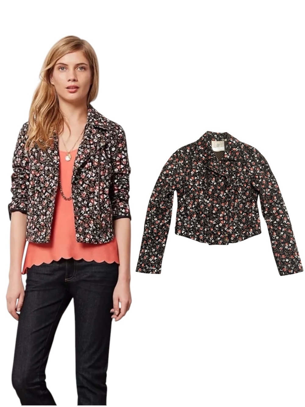 Anthropologie Hei Hei Tinsley Floral Cropped Moto Asymetrical Zip Up Jacket